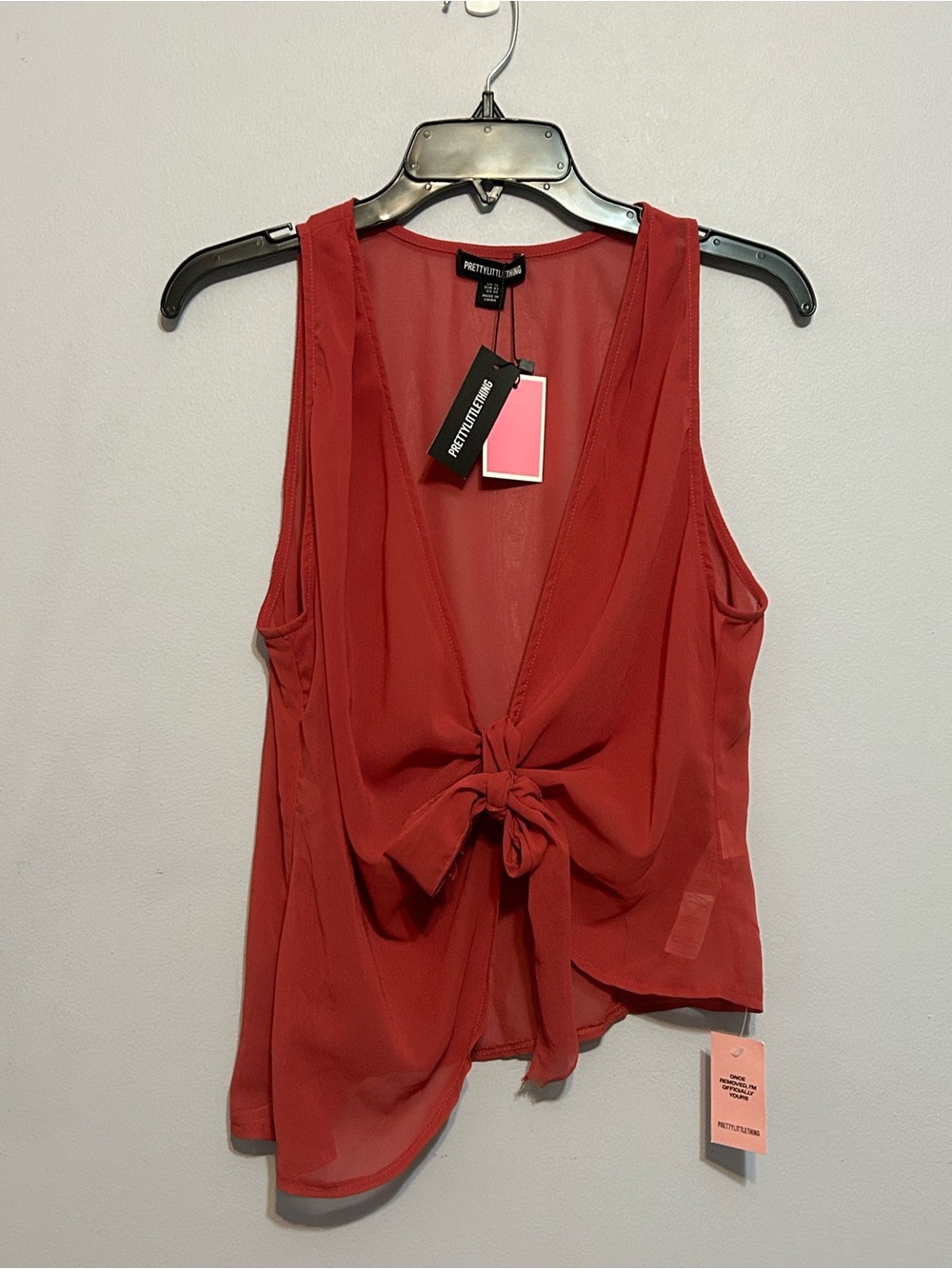 Pretty Little Thing Red Sheer Sleeveless Tie Front blouse